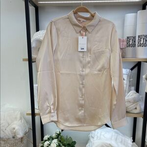 Skies Are Blue Satin Button-Up Blouse in Light Cream